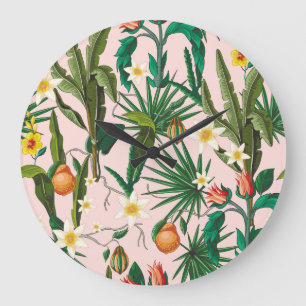 Grande Horloge Ronde Feuilles tropicales, fleur, motif de fruits.