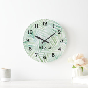 Grande Horloge Ronde Feuilles Tropicales Vertes Aloha