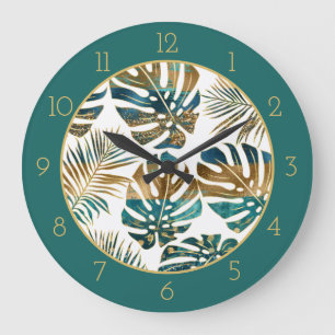 Grande Horloge Ronde Feuilles tropicaux à motifs turquoises, traits de 
