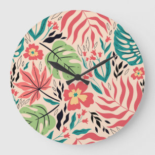 Grande Horloge Ronde Feuilles tropicaux et fleurs : Fusion Vintage