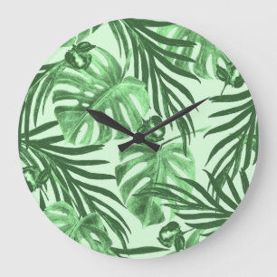 Grande Horloge Ronde Feuilles tropicaux et fleurs, motif aquarelle.