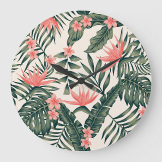 Grande Horloge Ronde Feuilles tropicaux, papier peint joyeux sur la pla
