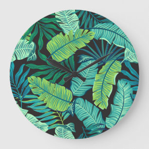 Grande Horloge Ronde Feuilles tropicaux verts : motif vintage.