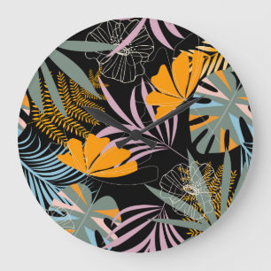 Grande Horloge Ronde Feuilles tropicaux : Vintage foncé.