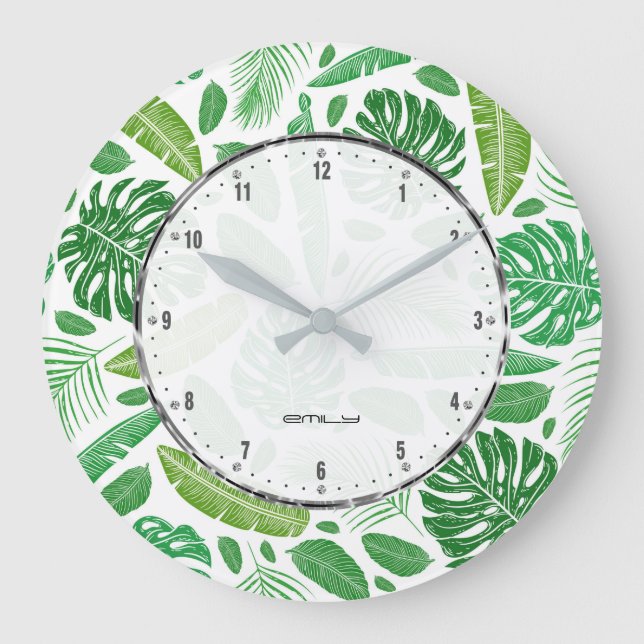 Grande Horloge Ronde Feuilles vertes motif transparent (Recto)
