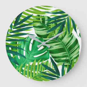 Grande Horloge Ronde Feuilles verts tropicaux