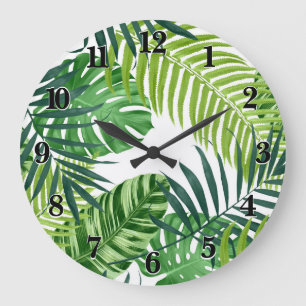 Grande Horloge Ronde Feuilles verts tropicaux