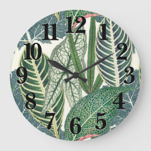 Grande Horloge Ronde Feuilles verts tropicaux