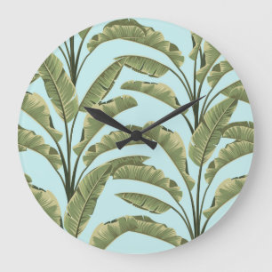 Grande Horloge Ronde Feuilles vintages de bananes : Tropical Sans Seaml
