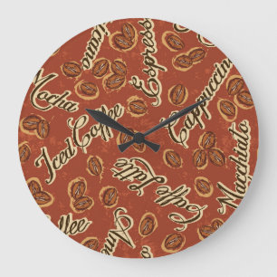 Grande Horloge Ronde Fèves de café : typographie motif vintage.
