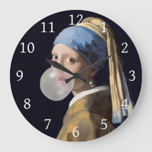 Grande Horloge Ronde Fille à oreille perle soufflant une gomme à bulles