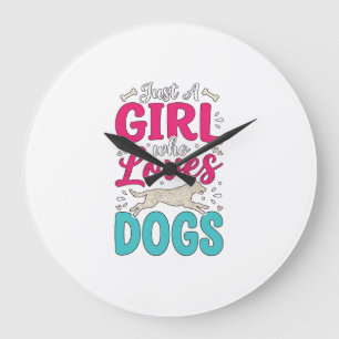 Grande Horloge Ronde Fille aime les chiens Gravure vintage typographie
