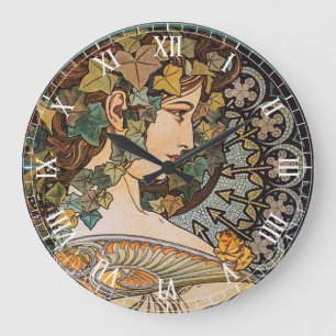 Grande Horloge Ronde Fille Art Nouveau Vintage par Alphonse Mucha