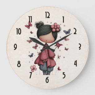 Grande Horloge Ronde Fille avec baguette magique et papillons mignonne
