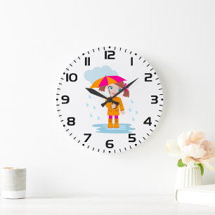 Grande Horloge Ronde Fille avec parapluie sous la pluie Enfants Jour de