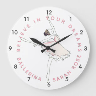 Grande Horloge Ronde Fille Ballerina Rose foncé Nom personnalisé Horlog