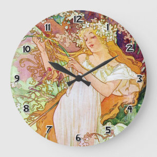 Grande Horloge Ronde Fille d'Alphonse Mucha dans un jardin
