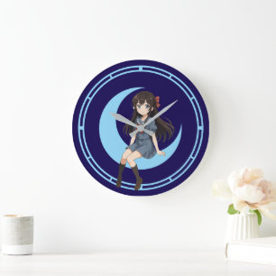 Grande Horloge Ronde Fille d'anime assise sur un croissant de lune