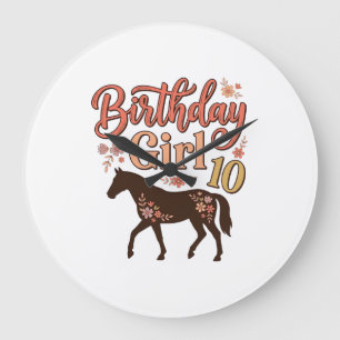 Grande Horloge Ronde Fille d'anniversaire 10 Cheval Floral Design Vecto