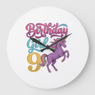 Grande Horloge Ronde Fille d'anniversaire 9 Licorne Dessin de gravure v