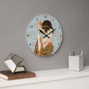 Grande Horloge Ronde Fille de Geisha japonaise vintage en kimono avec é