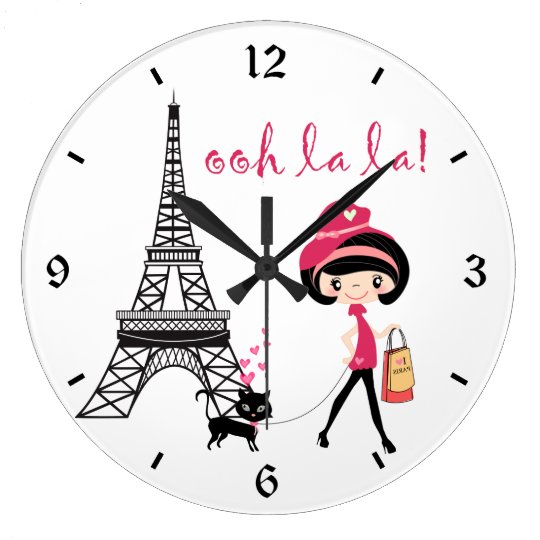 Grande Horloge Ronde Fille Mignonne Chat Noir Avec Tour Eiffel Paris Zazzle Fr