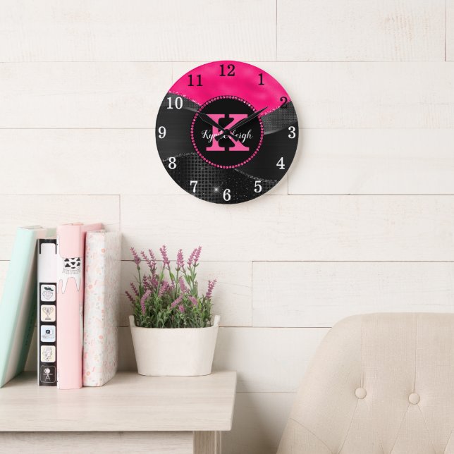 Grande Horloge Ronde Fille Noir Hot rose Gris Vagues Glam Monogramme No (Salle de lecture)