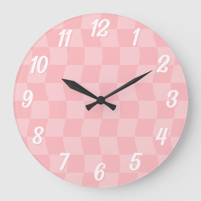 Grande Horloge Ronde Fille Pastel Rose Wavy Checkerboard (Recto)