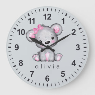 Grande Horloge Ronde Fille personnalisée rose Teddy Bear Grey