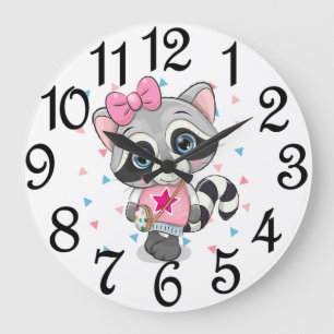 Grande Horloge Ronde Fille Raton laveur