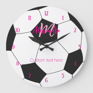 Grande Horloge Ronde Fille rose de soccer personnalisée