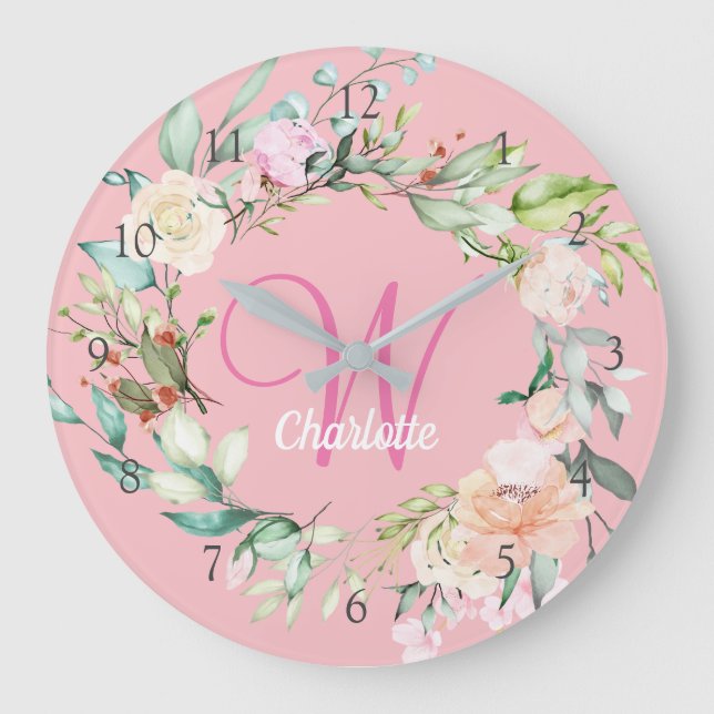 Grande Horloge Ronde Fille rose Douces Roses d'Été Monogramme Initial (Recto)