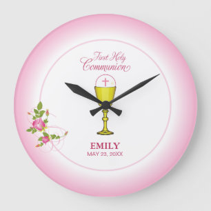 Grande Horloge Ronde Fille Rose Première Communion Sainte, Chalice, Hôt