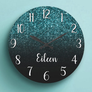 Grande Horloge Ronde Fille Turquoise Parties scintillant noir Ombre