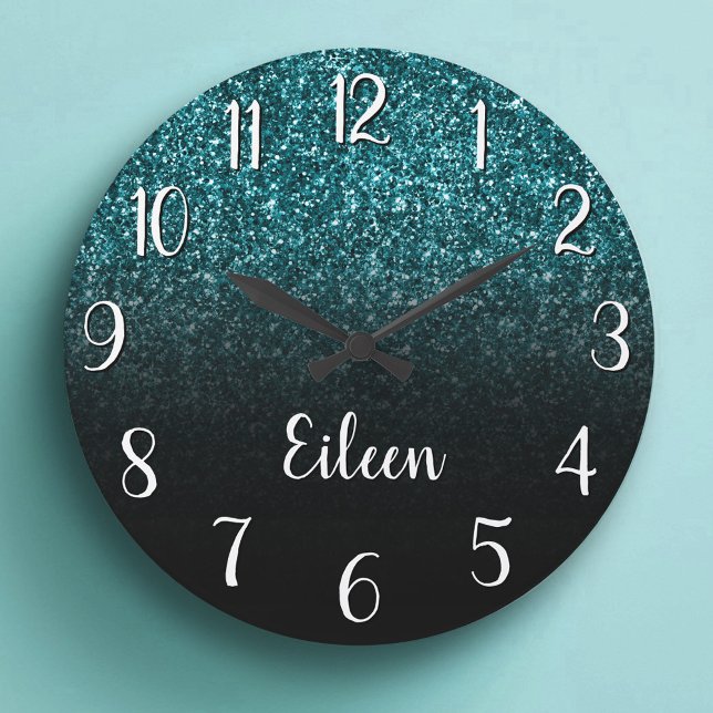 Grande Horloge Ronde Fille Turquoise Parties scintillant noir Ombre (Girly Teal Glitter Black Ombre Large Clock)