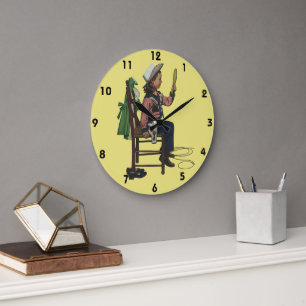 Grande Horloge Ronde Fille Vintage Cowgirl Regardant Miroir Elle est si