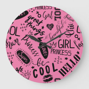 Grande Horloge Ronde Filles Calligraphic : Motif de mode sans couture