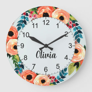 Grande Horloge Ronde Filles Cute Floral Aquarelle Fleurs Nom Enfants