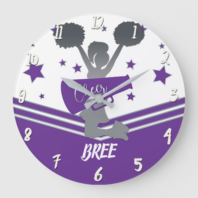 Grande Horloge Ronde Filles de pom-pom girls étoiles violettes et blanc (Recto)