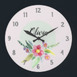 Grande Horloge Ronde Filles mignonnes fleurs botaniques de printemps et<br><div class="desc">Ce magnifique design d'horloge fleurie pour enfants dispose de fleurs d'aquarelle printanière mignonnes,  et a de l'espace pour vous d'écrire votre nom de filles dans une police élégante. Un pastel parfait,  un ajout botanique à votre petite chambre ou à votre pépinière.</div>