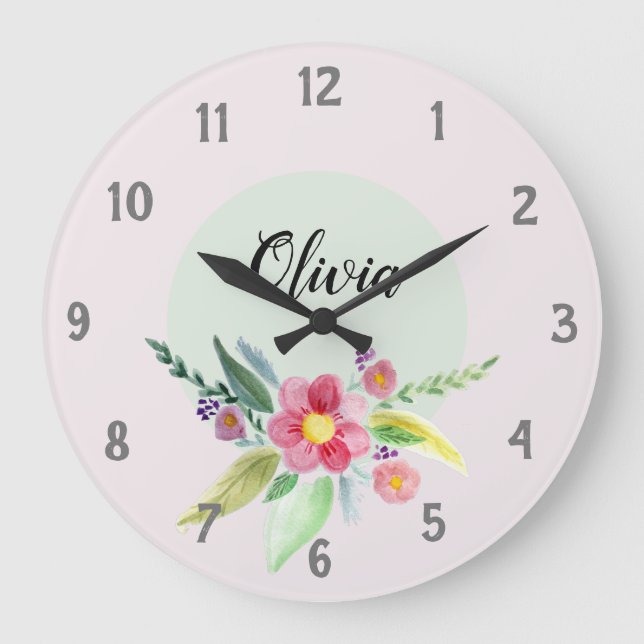 Grande Horloge Ronde Filles mignonnes fleurs botaniques de printemps et (Recto)
