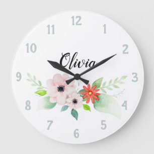 Grande Horloge Ronde Filles mignonnes fleurs d'aquarelle florale Fleurs