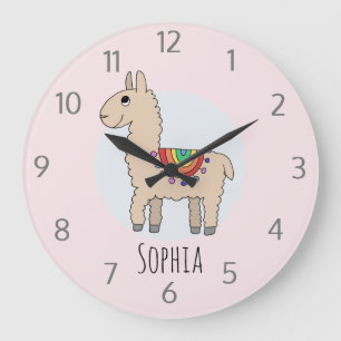Grande Horloge Ronde Filles Mignonnes Lama de Dessin Animé Arc-en-Ciel