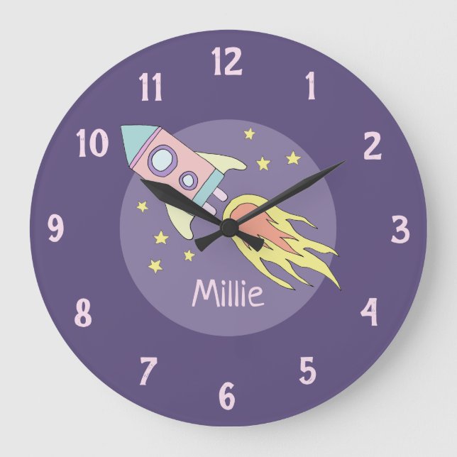 Grande Horloge Ronde Fille's Pink Rocket Ship Space and Name Nursery (Recto)