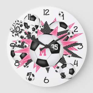 Grande Horloge Ronde filles sport ballon de football avec rose noir éto