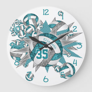 Grande Horloge Ronde filles sport turquoise gris volley-ball souffle