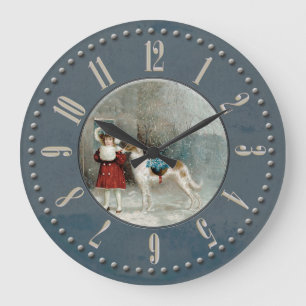 Grande Horloge Ronde Fillette et barzoi sous la neige