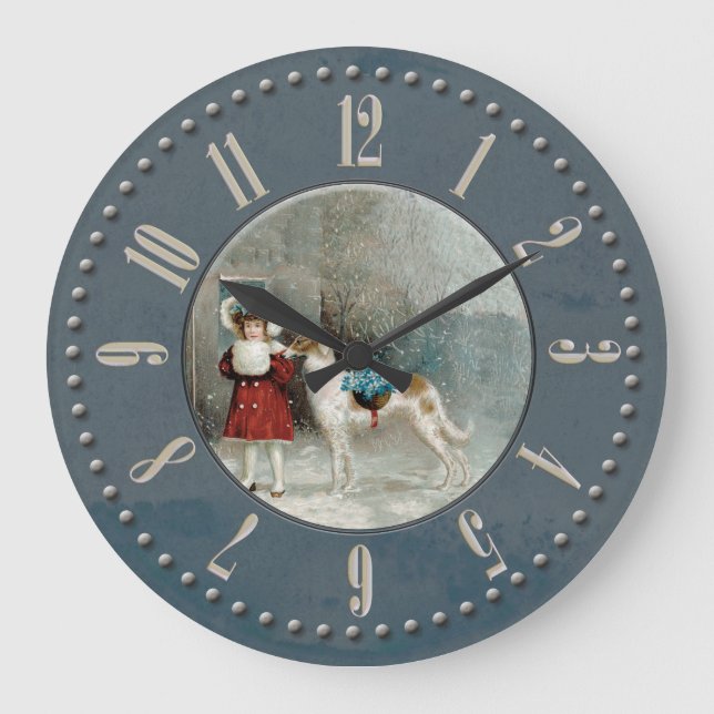 Grande Horloge Ronde Fillette et barzoi sous la neige (Recto)
