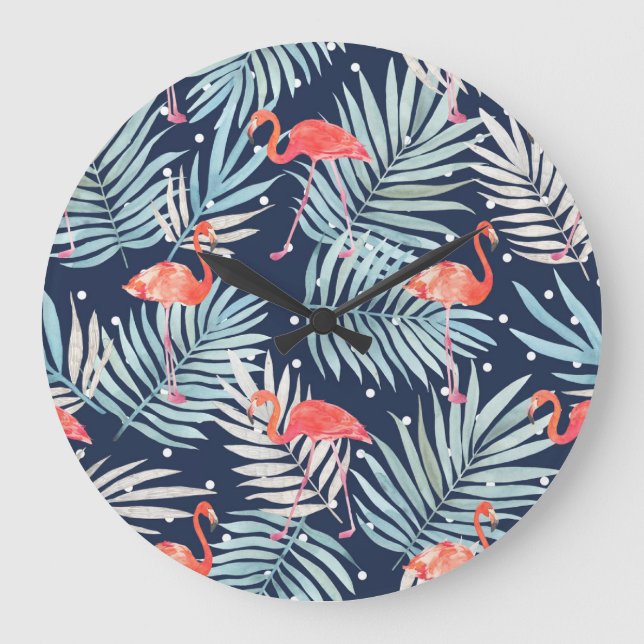 Grande Horloge Ronde Flamant rose Aquarelle : Pink Tropical Elegance. (Recto)