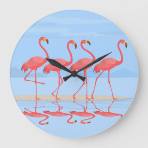 Grande Horloge Ronde Flamant rose Beach Design Vintage été